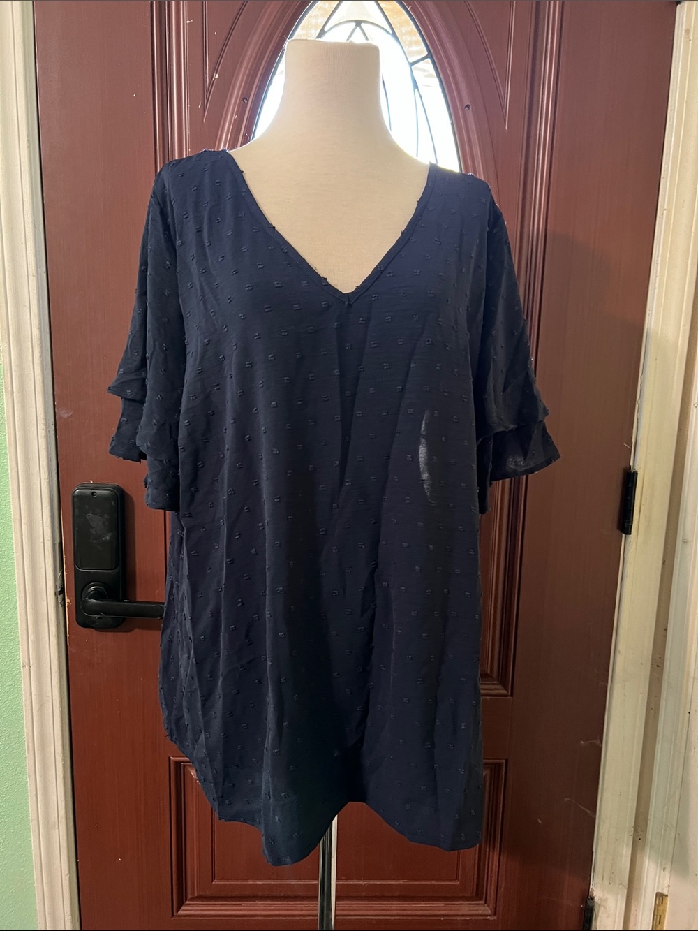 Women’s Navy V-Neck Ruffle Sleeve Top